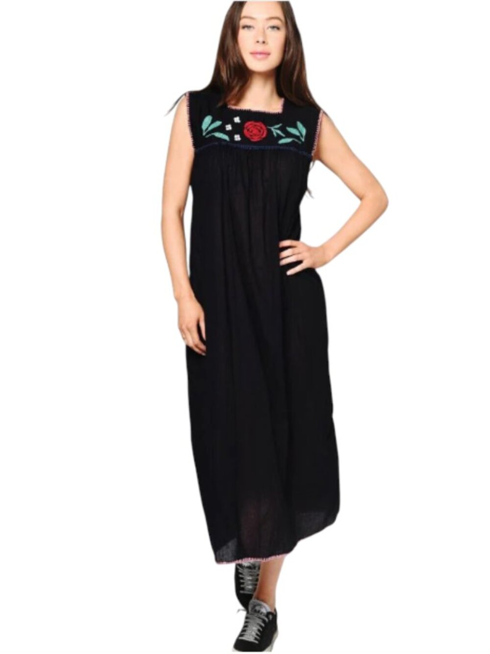 Carolina K Andi Midi Dress Womens Small Black Red Sleeveless Cotton Embroidered
